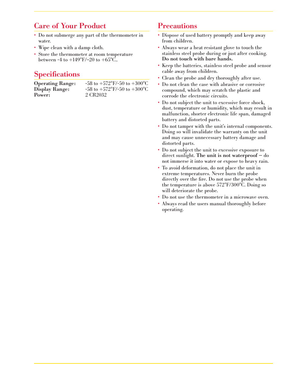 Care of your product, Specifications, Precautions | CDN TCT572-W - ProAccurate® Folding Thermocouple Thermometer - White EN User Manual | Page 3 / 4