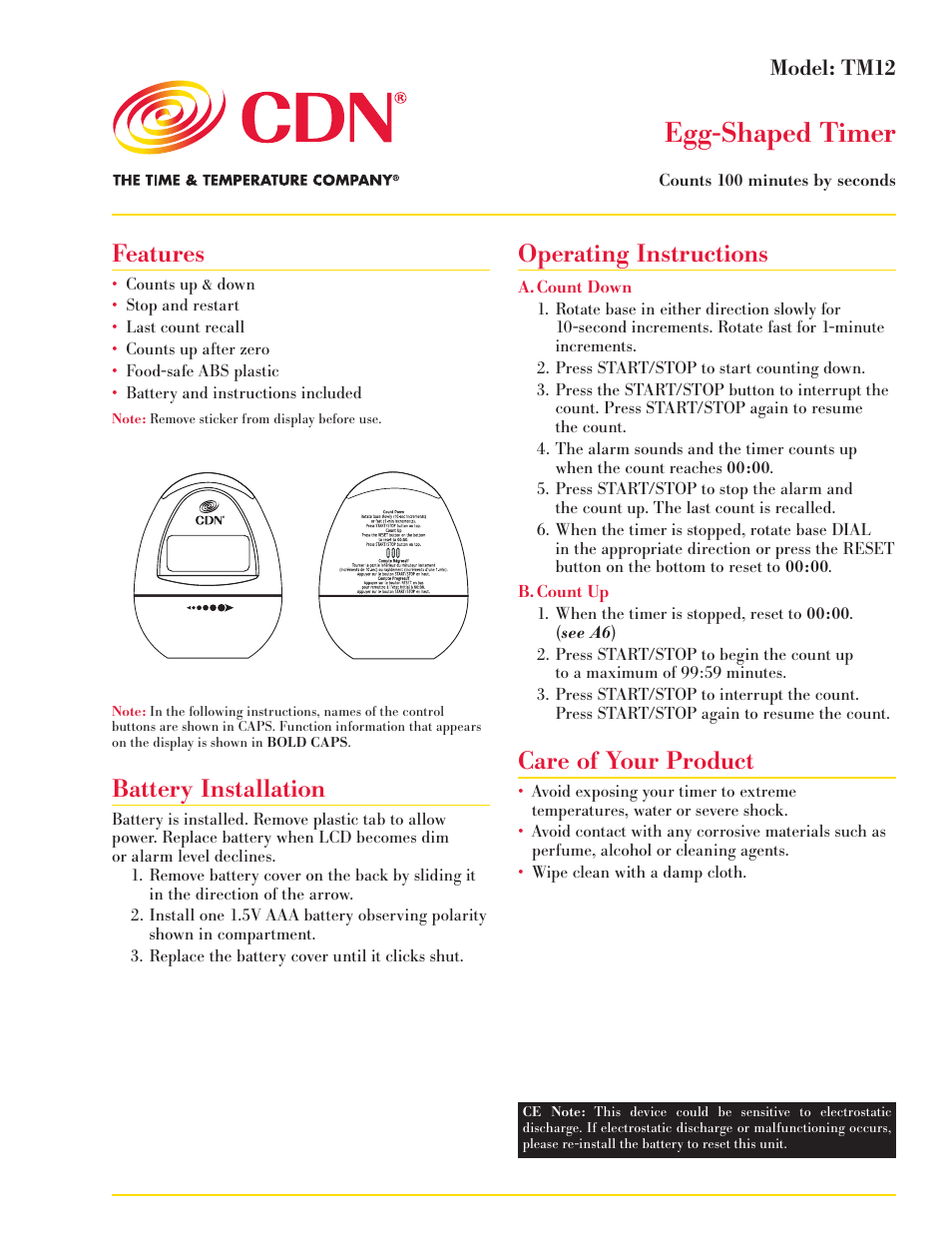 CDN TM12-W - Egg-Shaped Timer - Pearl White EN User Manual | 2 pages