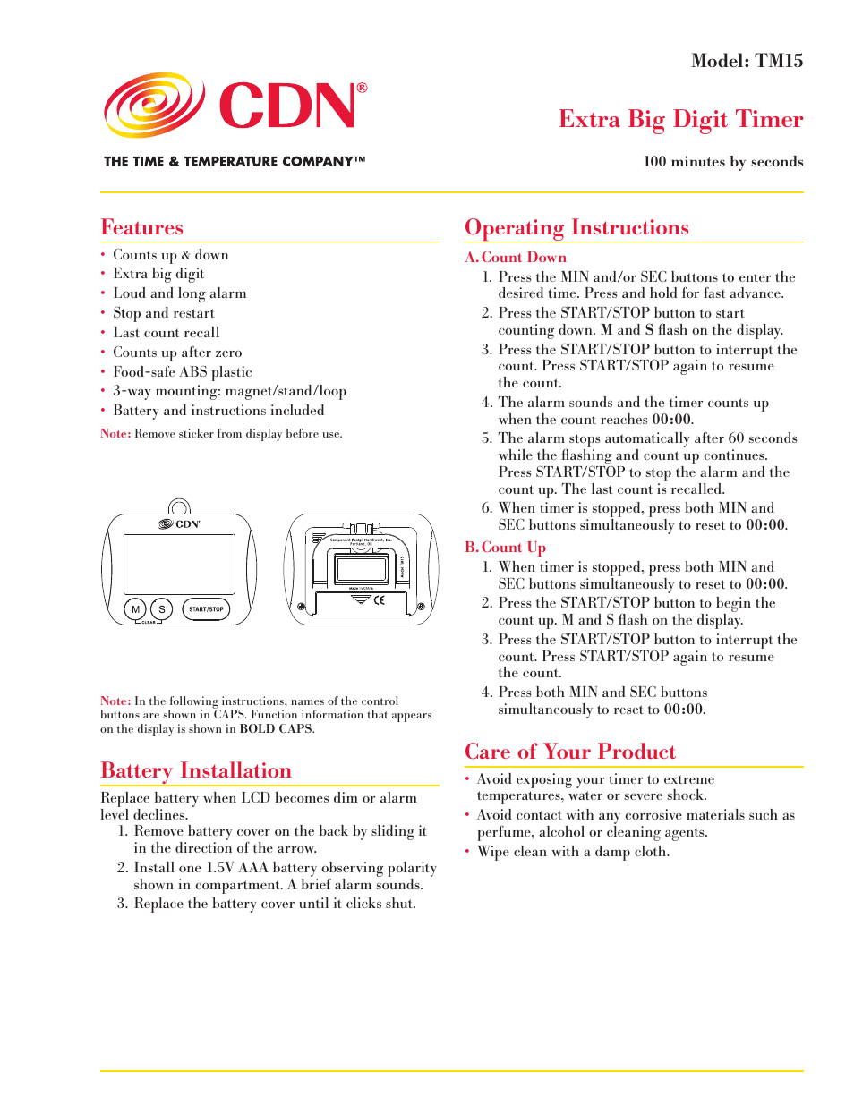 CDN TM15 - Extra Big Digit Timer EN User Manual | 2 pages