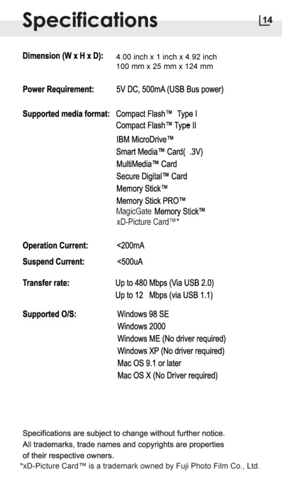 Specifications | Atech Flash Technology PRO-GEAR XM-4U User Manual | Page 17 / 20