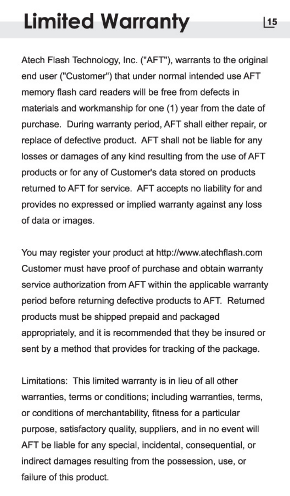 Limited warranty | Atech Flash Technology PRO-GEAR XM-4U User Manual | Page 18 / 20