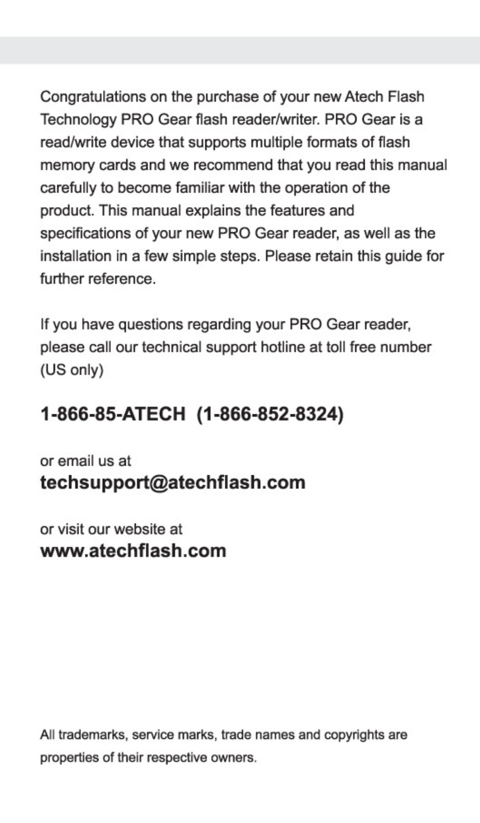 866-85-atech (1-866-852-8324), Techsupport@atechflash.com, Www.atechflash.com | Atech Flash Technology PRO-GEAR XM-4U User Manual | Page 2 / 20