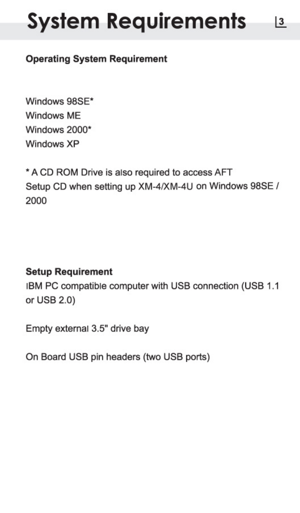 System requirements 13, Operating system requirement, Setup requirement | System requirements | Atech Flash Technology PRO-GEAR XM-4U User Manual | Page 6 / 20