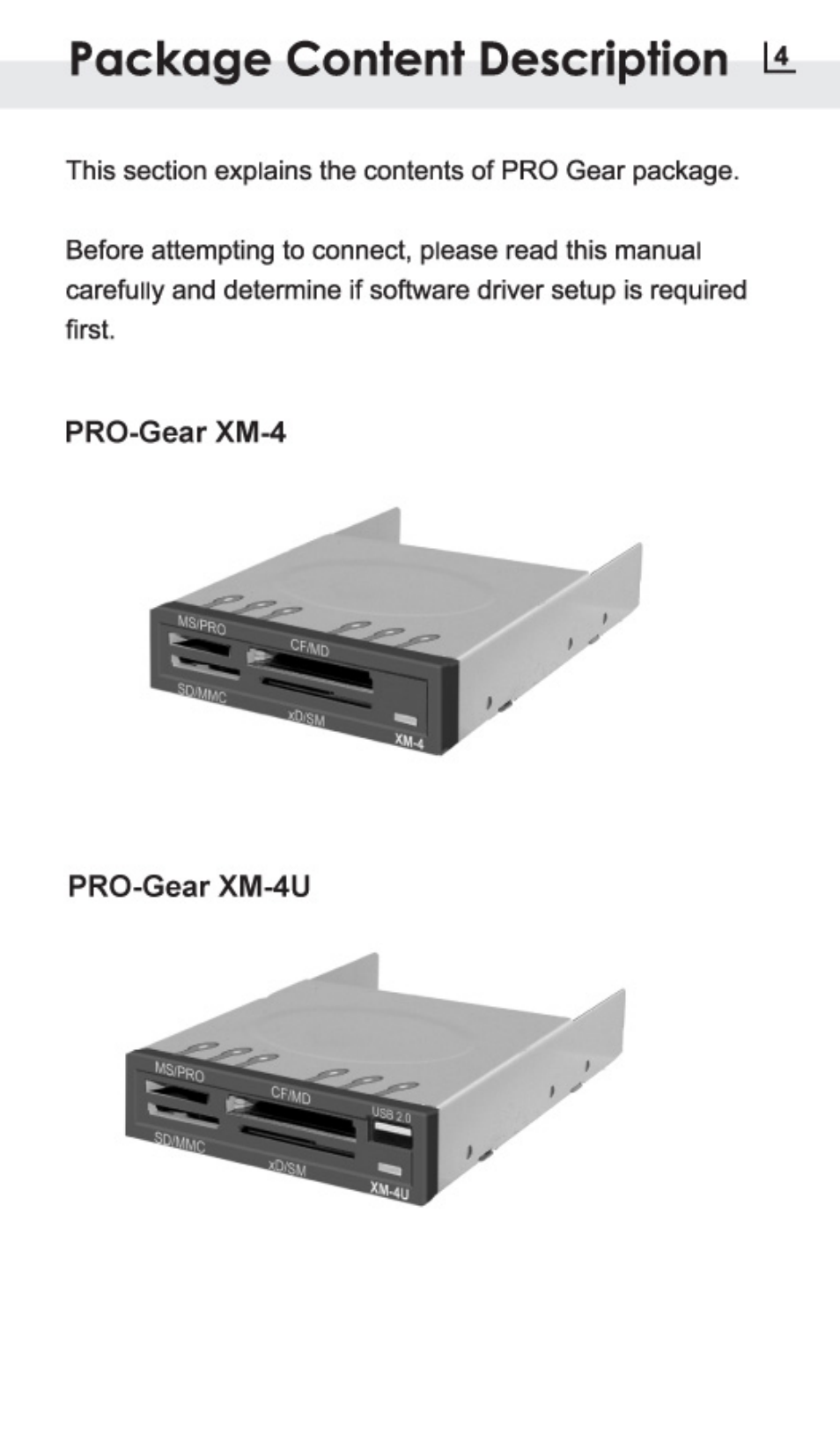 Pro-gear xm-4, Pro-gear xm-4u, Package content description li | Atech Flash Technology PRO-GEAR XM-4U User Manual | Page 7 / 20