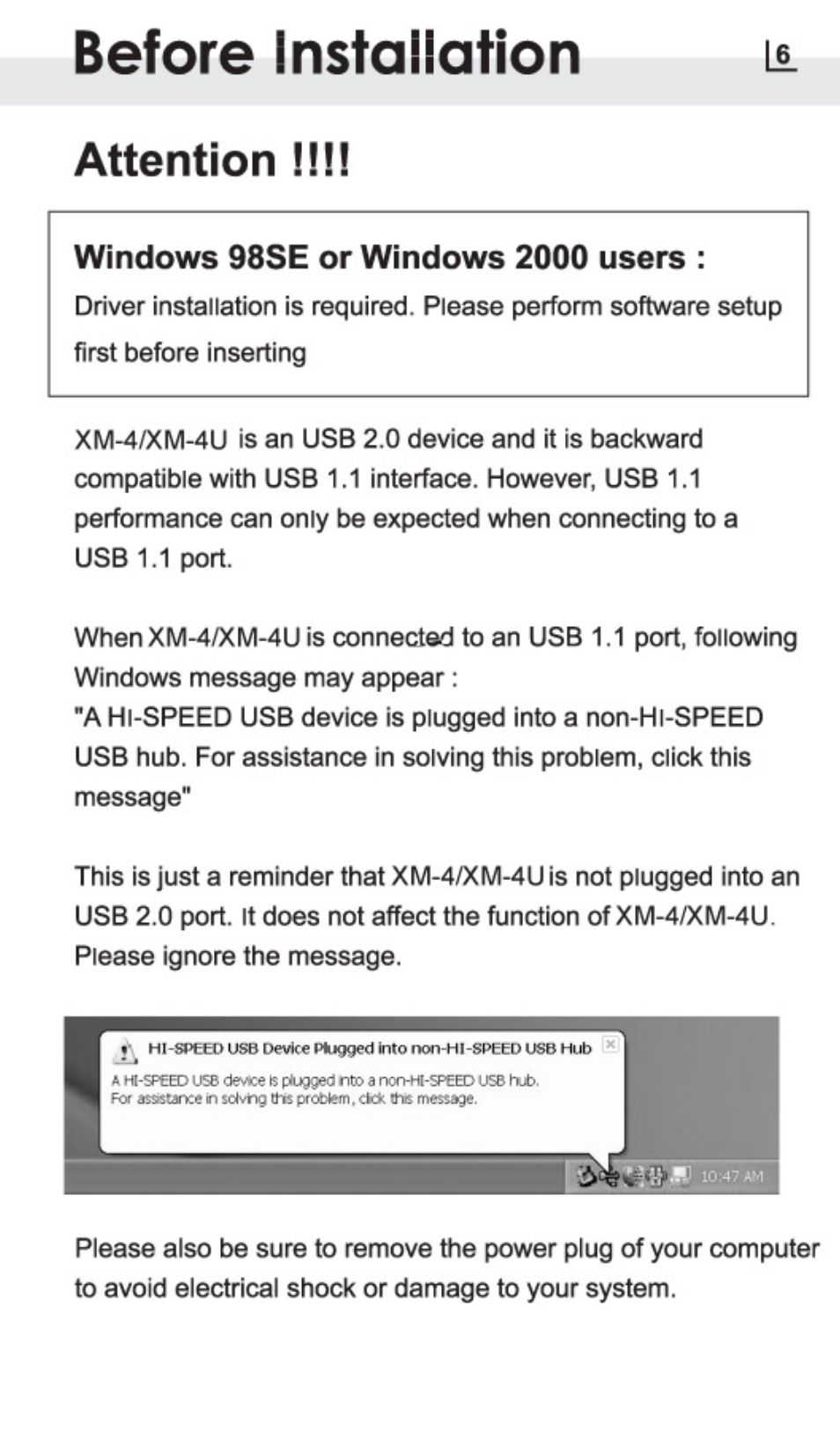 Windows 98se or windows 2000 users, Before installation, Attention | Atech Flash Technology PRO-GEAR XM-4U User Manual | Page 9 / 20