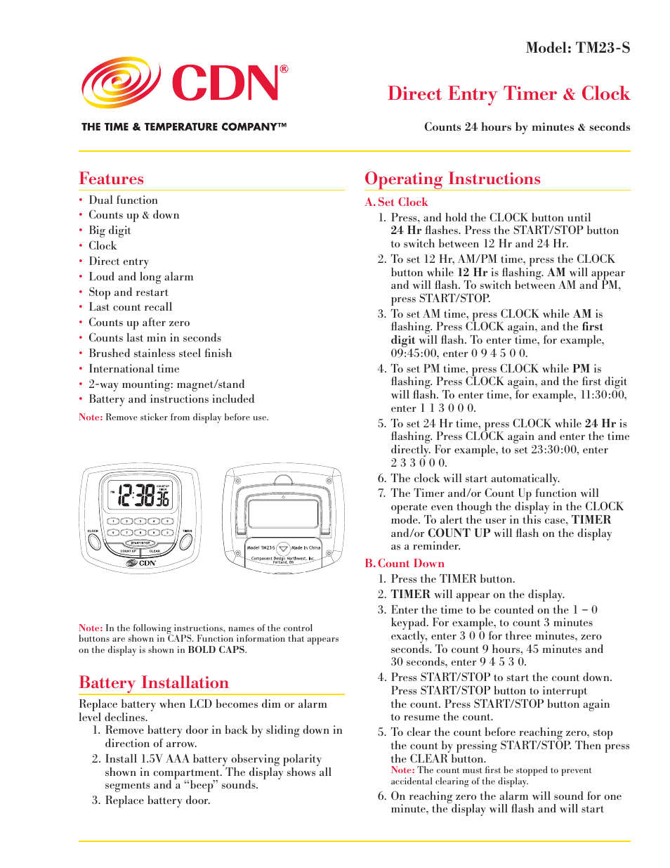 CDN TM23-S - Direct  ENtry Timer & Clock EN User Manual | 2 pages