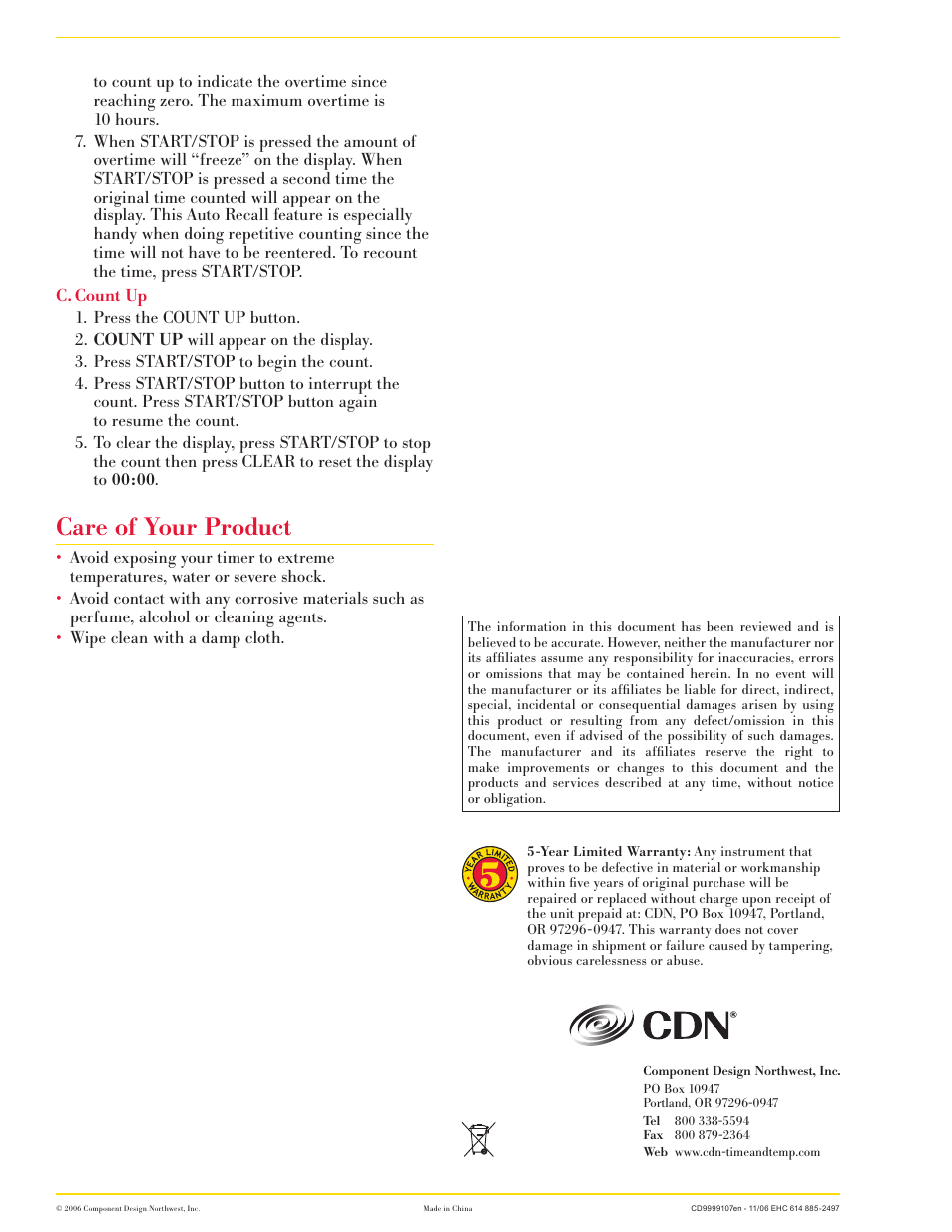 Care of your product | CDN TM23-S - Direct  ENtry Timer & Clock EN User Manual | Page 2 / 2