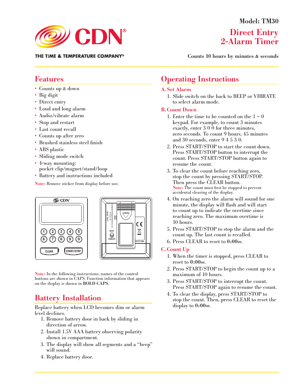 CDN TM30 - Direct  ENtry 2-Alarm Timer EN User Manual | 2 pages
