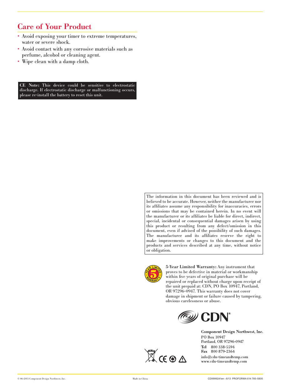 Care of your product | CDN TM30 - Direct  ENtry 2-Alarm Timer EN User Manual | Page 2 / 2