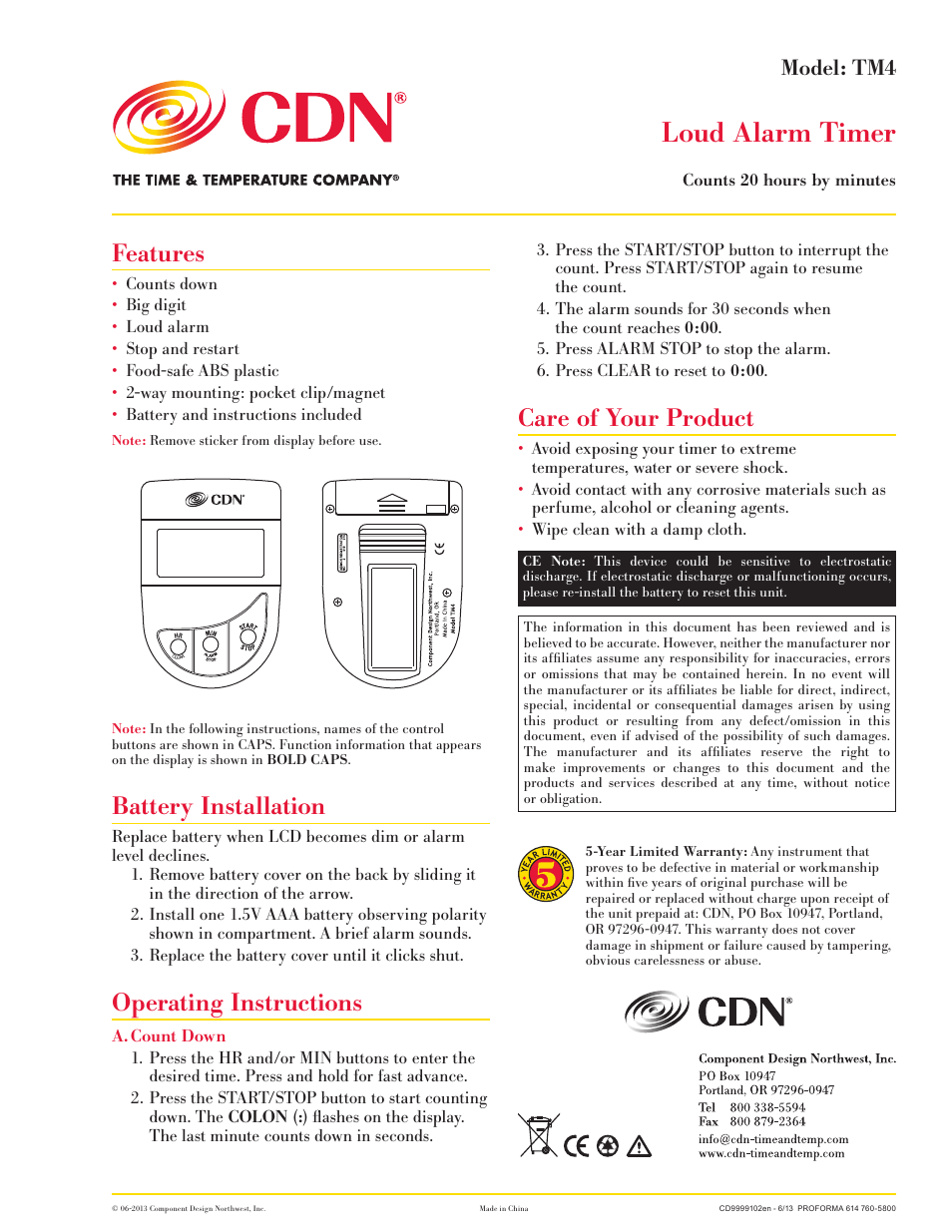 CDN TM4 - Loud Alarm Timer EN User Manual | 1 page