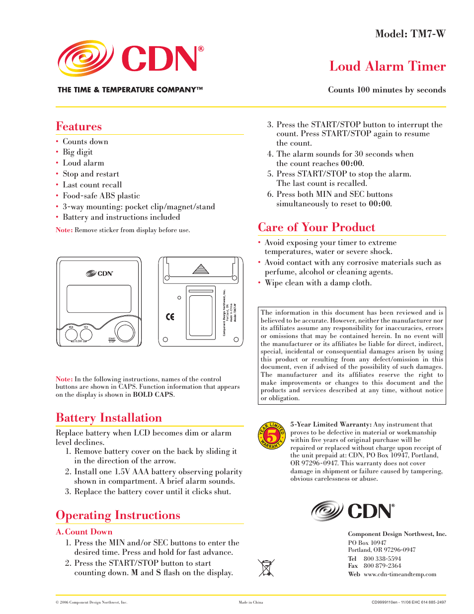 CDN TM7-W - Loud Alarm Timer EN User Manual | 1 page