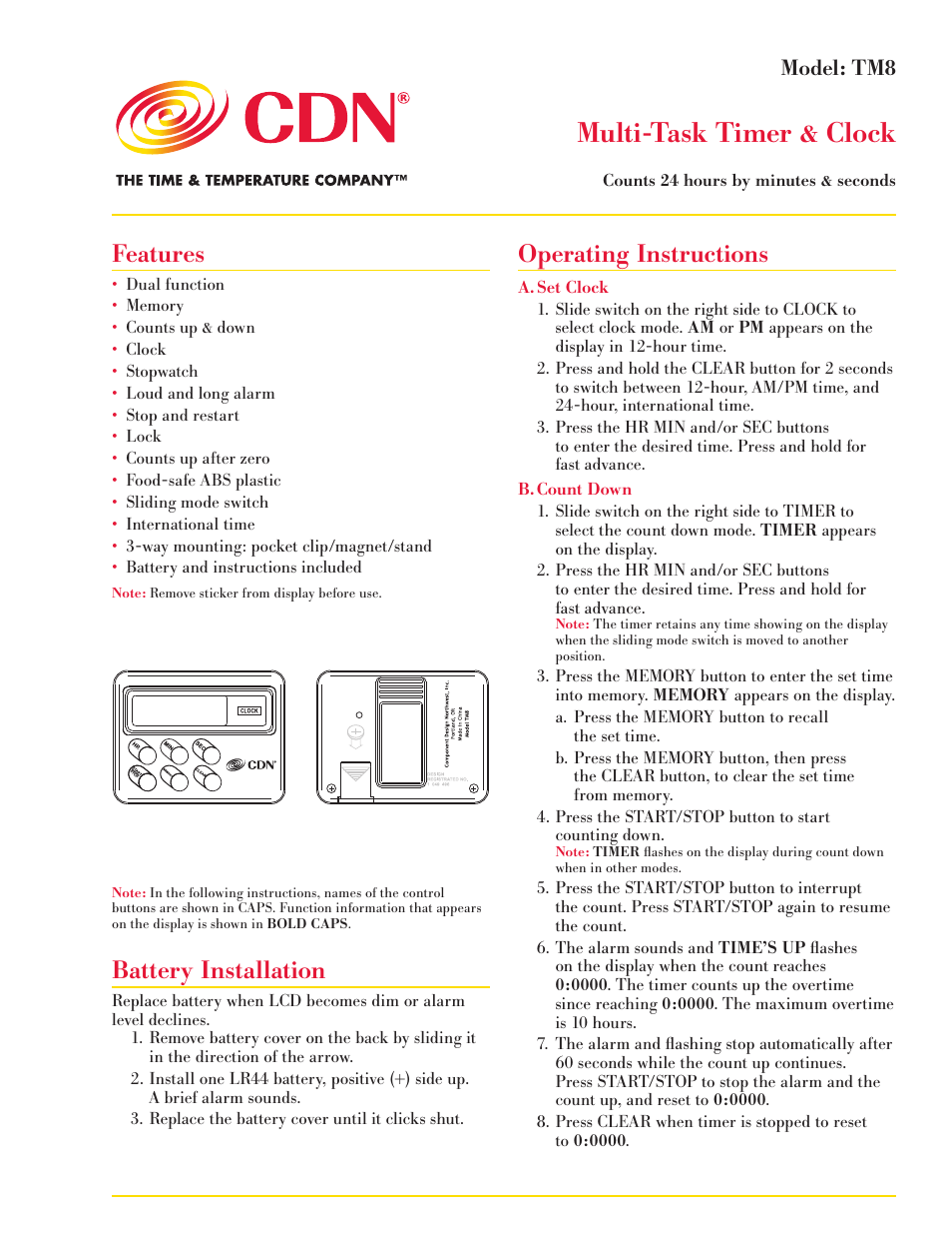 CDN TM8 - Multi-Task Timer & Clock EN User Manual | 2 pages