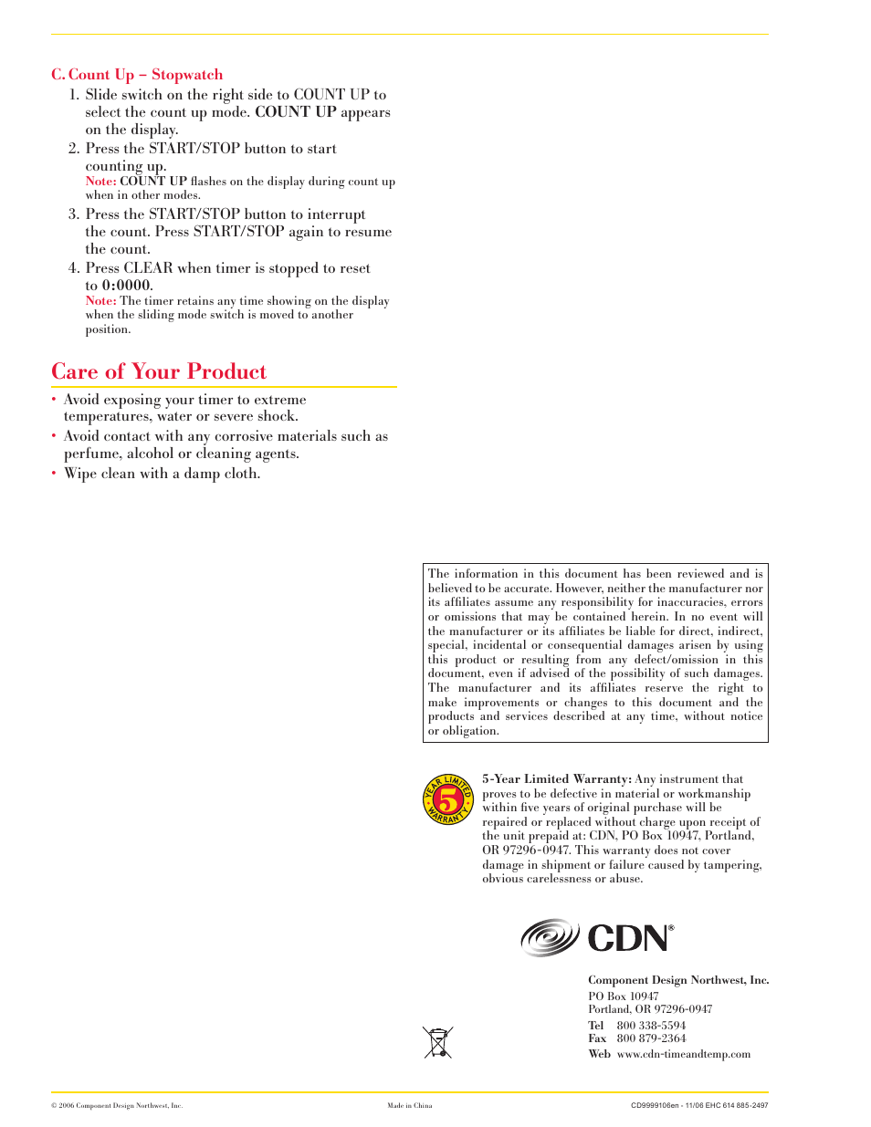 Care of your product | CDN TM8 - Multi-Task Timer & Clock EN User Manual | Page 2 / 2