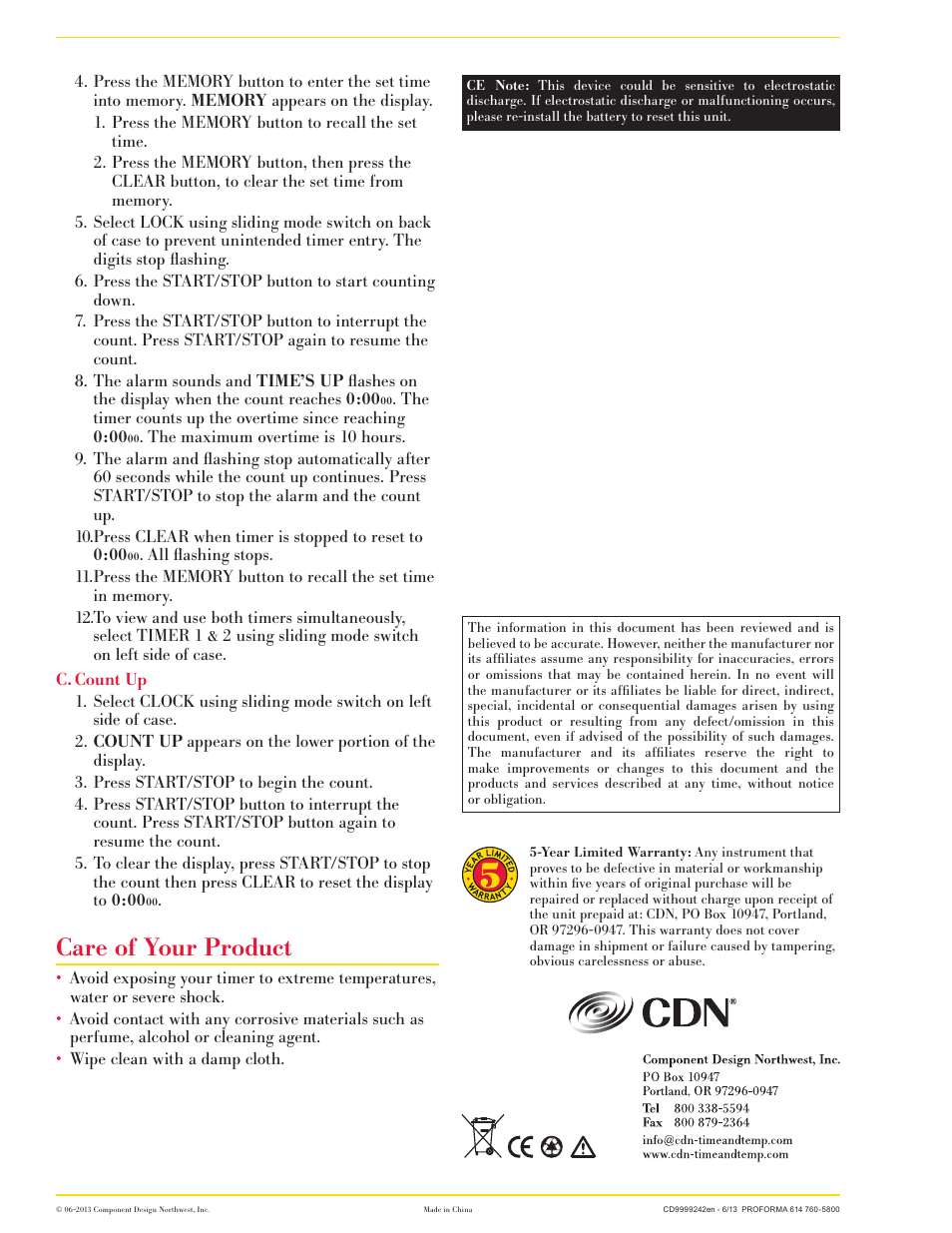 Care of your product | CDN TM9 - 2-Ev ENt Timer & Clock EN User Manual | Page 2 / 2