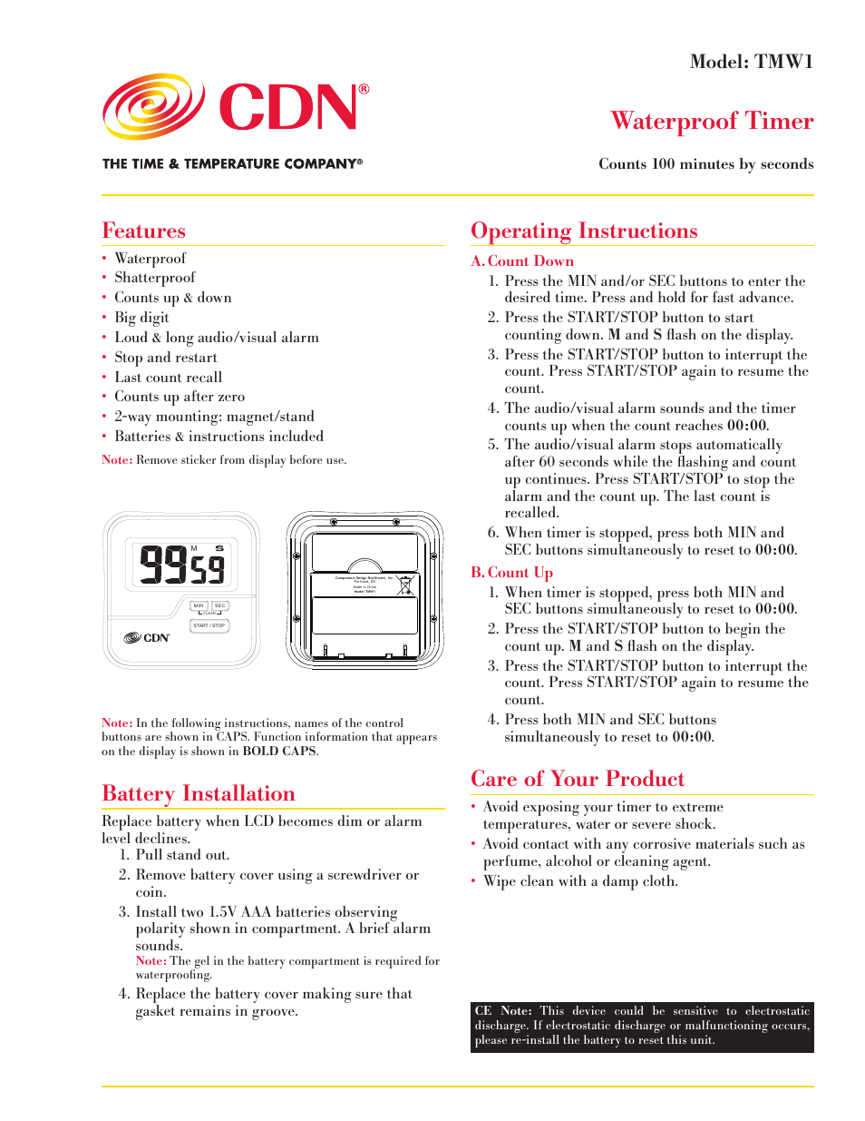 CDN TMW1 - Waterproof Timer EN User Manual | 2 pages