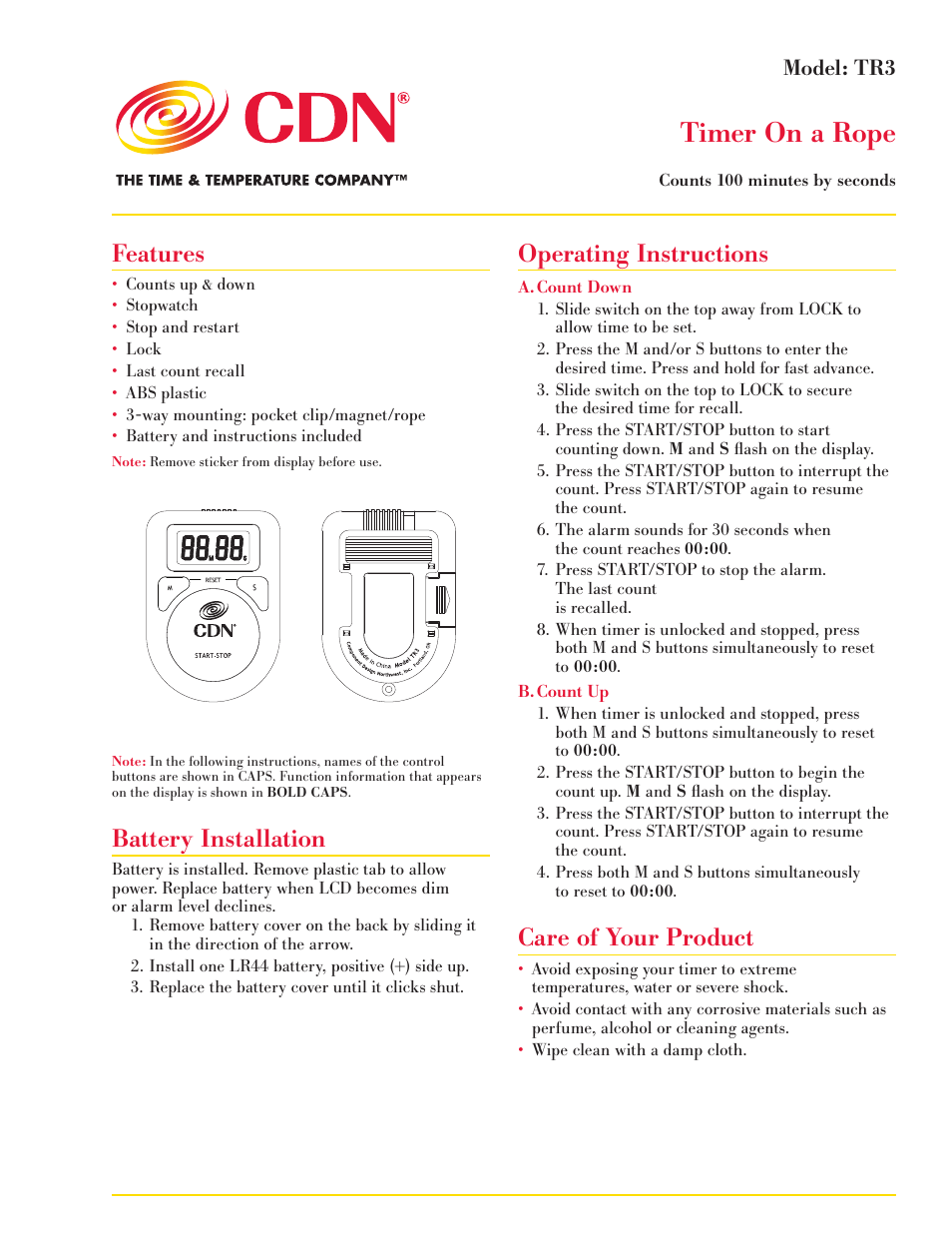 CDN TR3-R - Timer on a Rope - Red EN User Manual | 2 pages