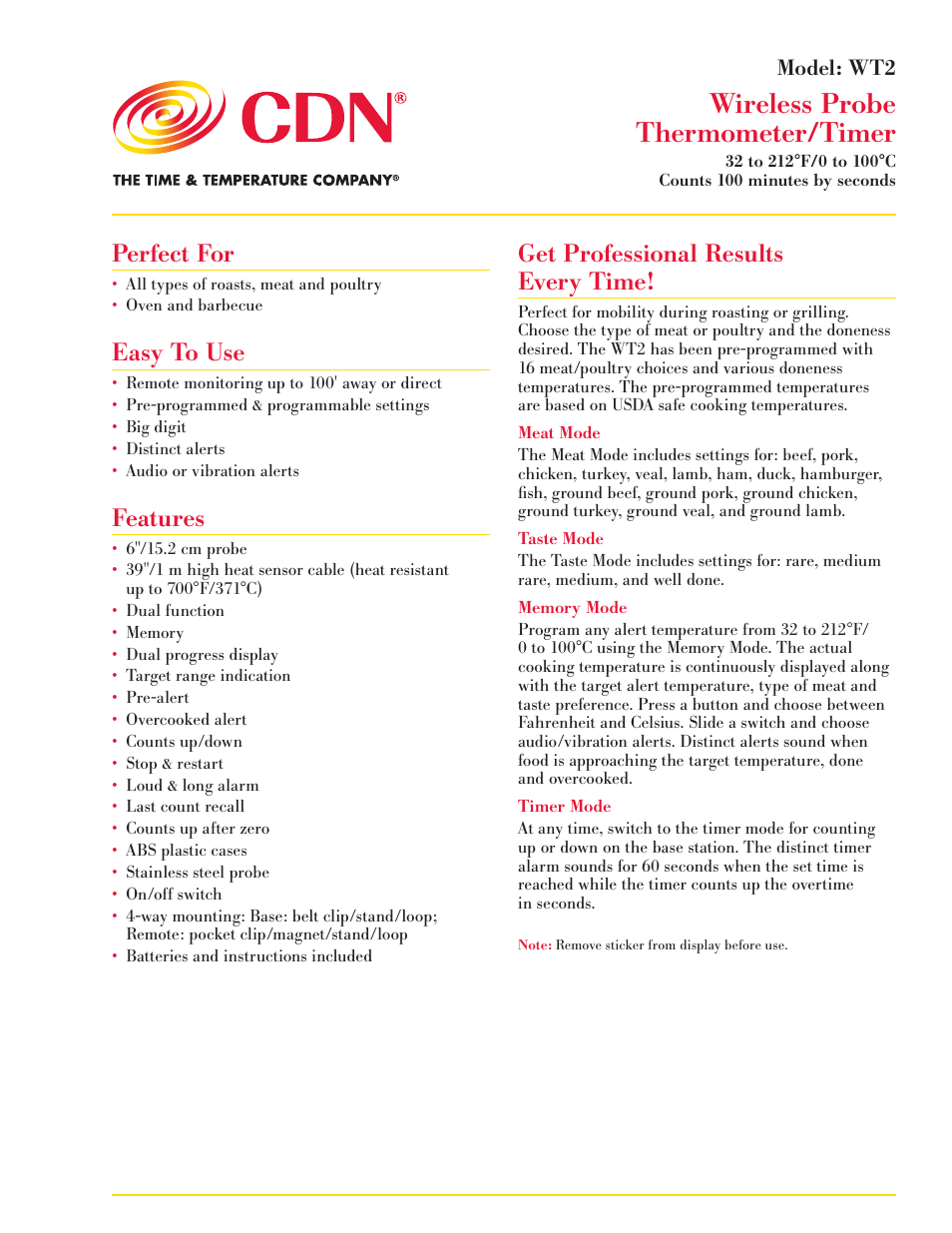 CDN WT2 - Wireless Probe Thermometer/Timer EN User Manual | 6 pages