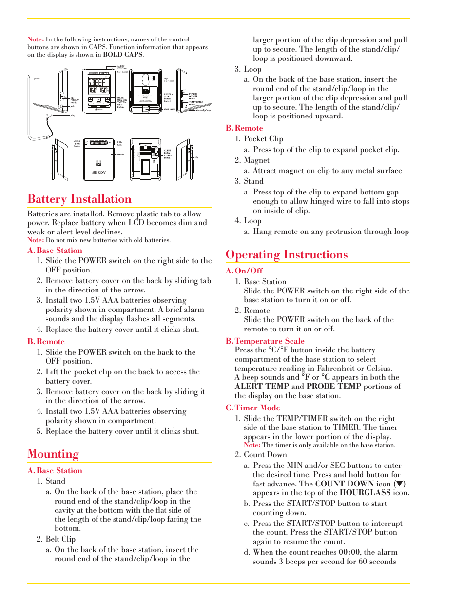 Battery installation, Mounting, Operating instructions | CDN WT2 - Wireless Probe Thermometer/Timer EN User Manual | Page 2 / 6