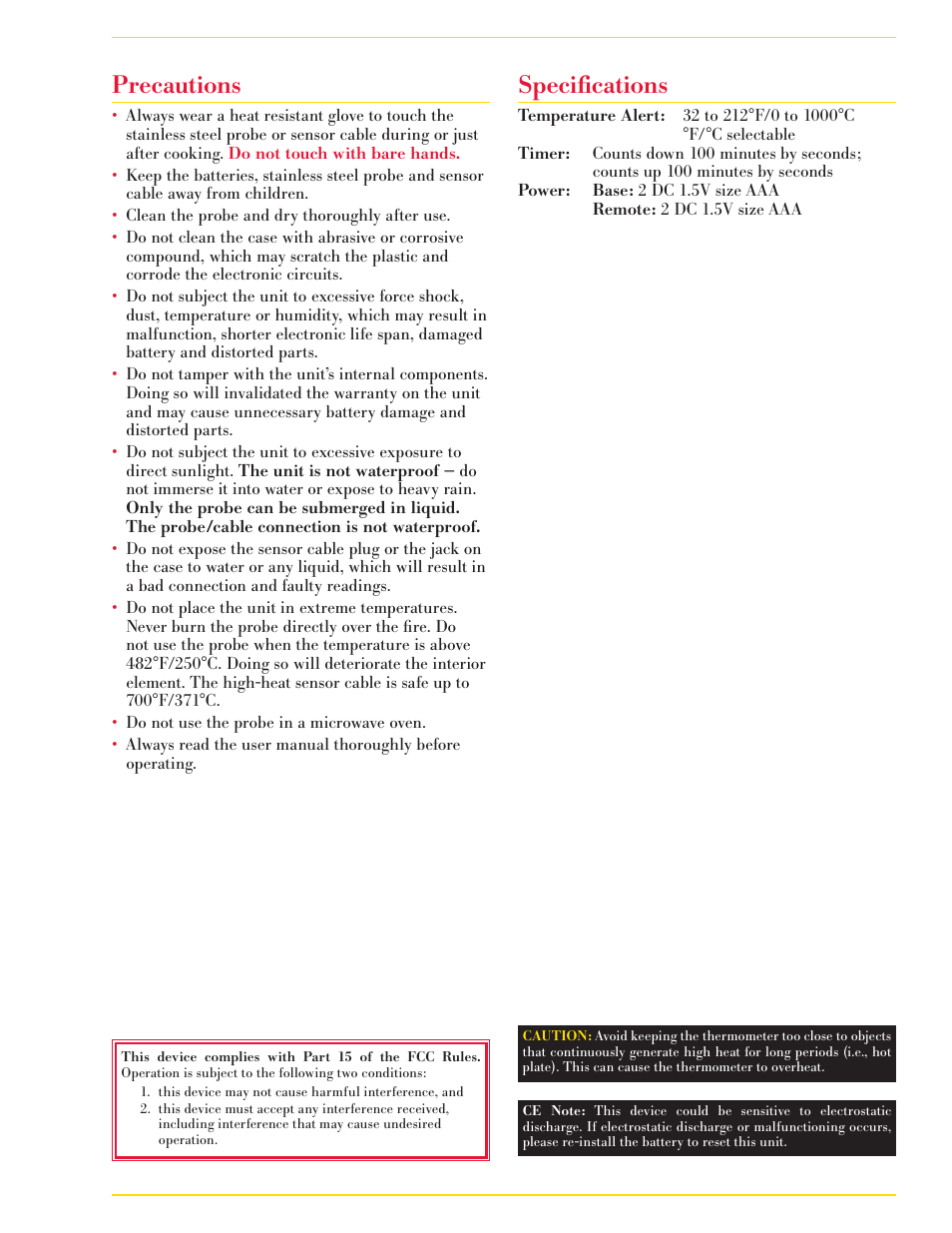 Precautions, Specifications | CDN WT2 - Wireless Probe Thermometer/Timer EN User Manual | Page 5 / 6