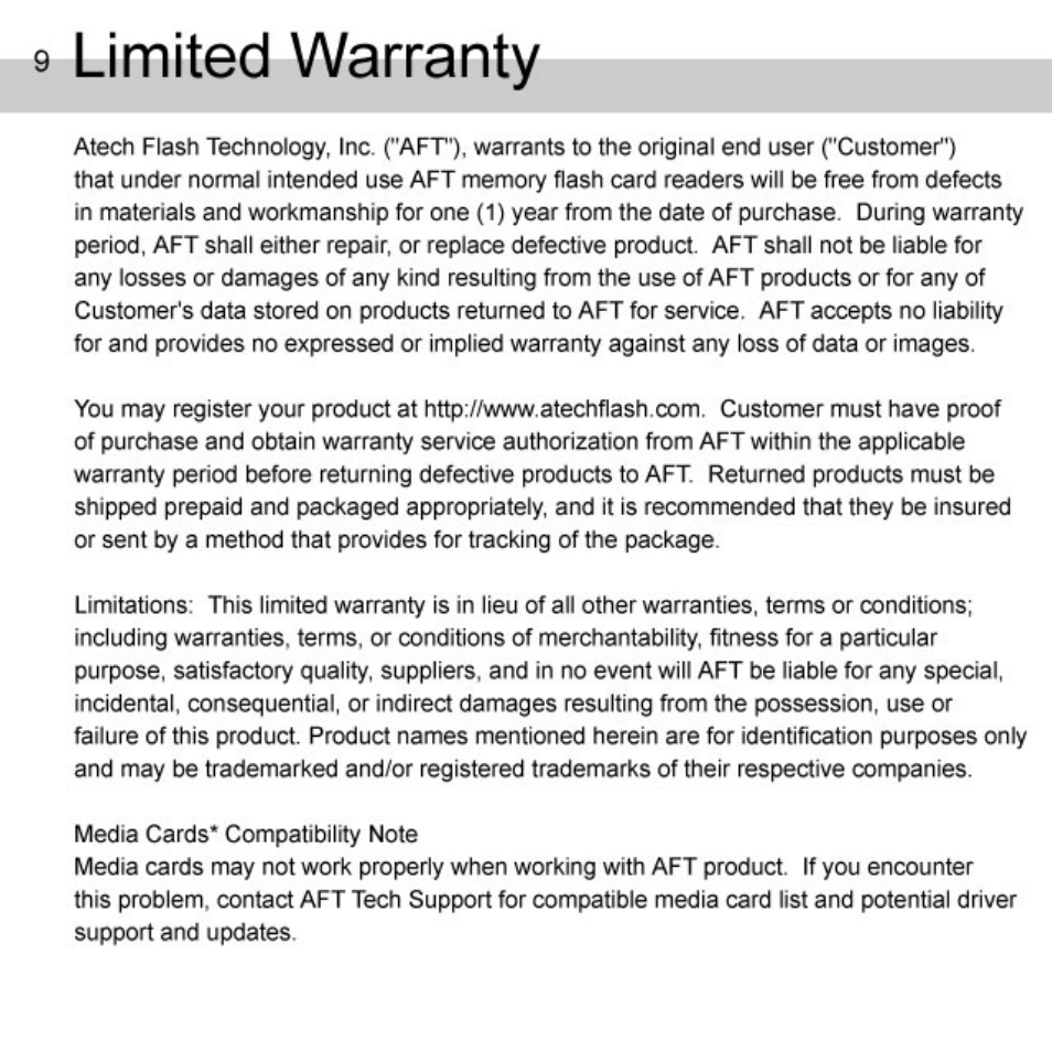 9 limited warranty | Atech Flash Technology XM-35U User Manual | Page 10 / 10