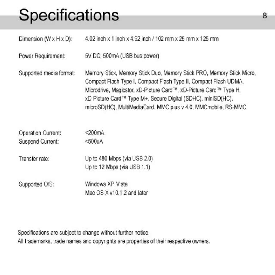 Specifications | Atech Flash Technology XM-35U User Manual | Page 9 / 10