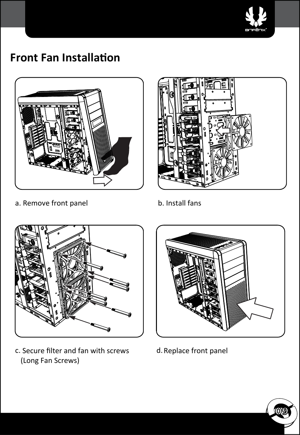 Front fan installation | BitFenix Ronin User Manual | Page 10 / 13