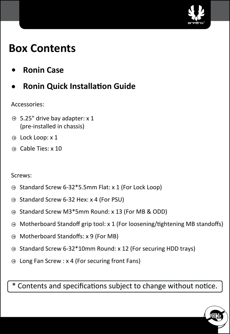 Box contents, Ronin case • ronin quick installation guide | BitFenix Ronin User Manual | Page 2 / 13