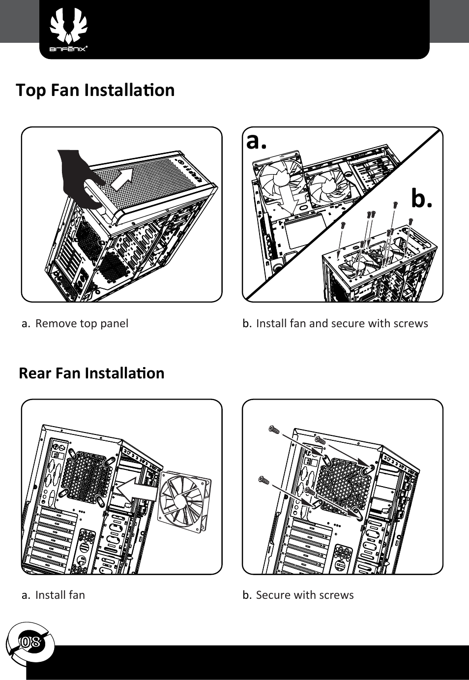 A. b, Top fan installation | BitFenix Ronin User Manual | Page 9 / 13