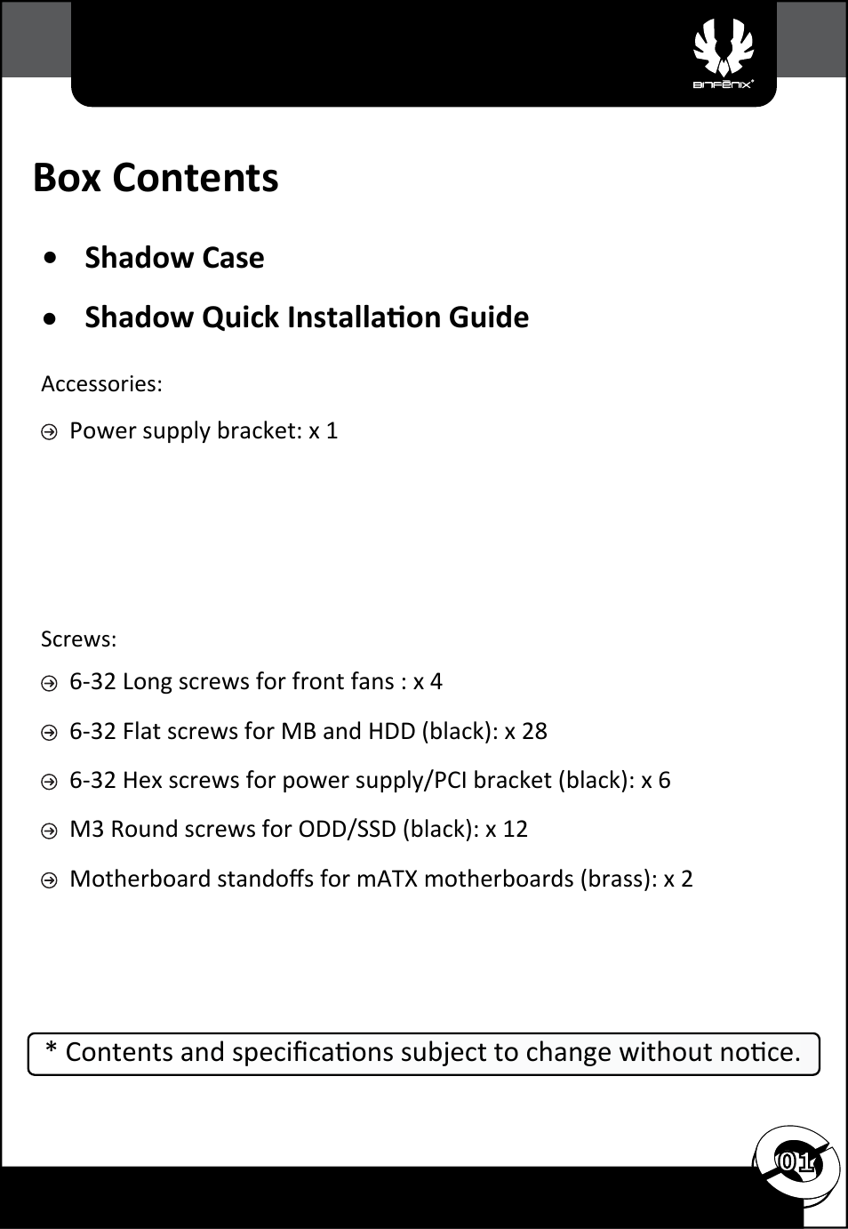 Box contents, Shadow case • shadow quick installation guide | BitFenix Shadow User Manual | Page 2 / 15