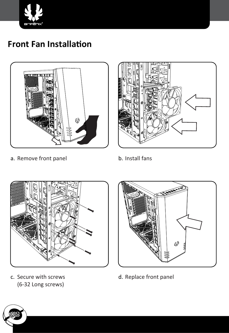 Front fan installation | BitFenix Shadow User Manual | Page 9 / 15