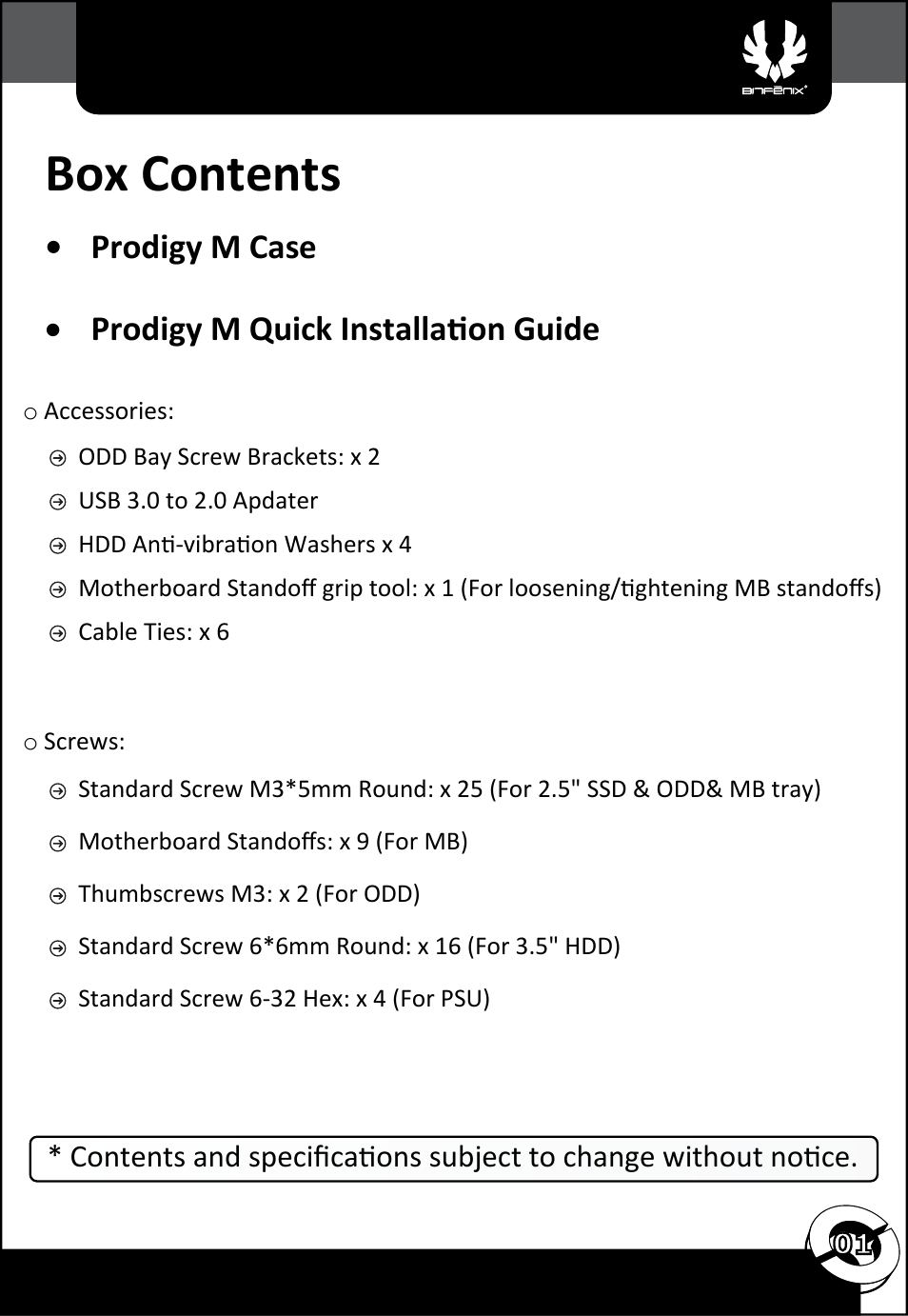 Box contents | BitFenix Prodigy M User Manual | Page 2 / 15