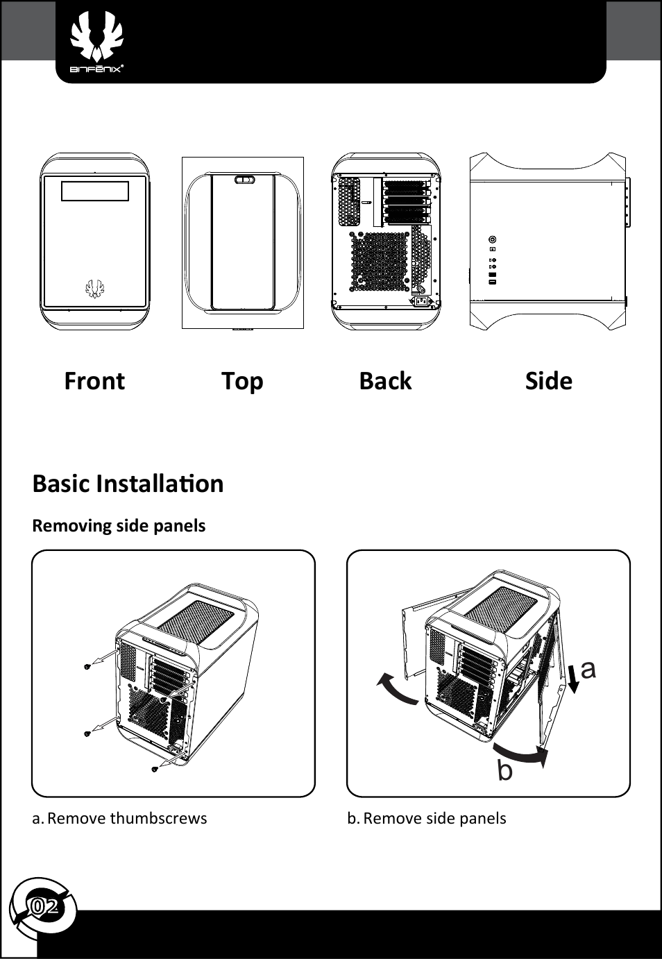 Basic installation front top back side | BitFenix Prodigy M User Manual | Page 3 / 15