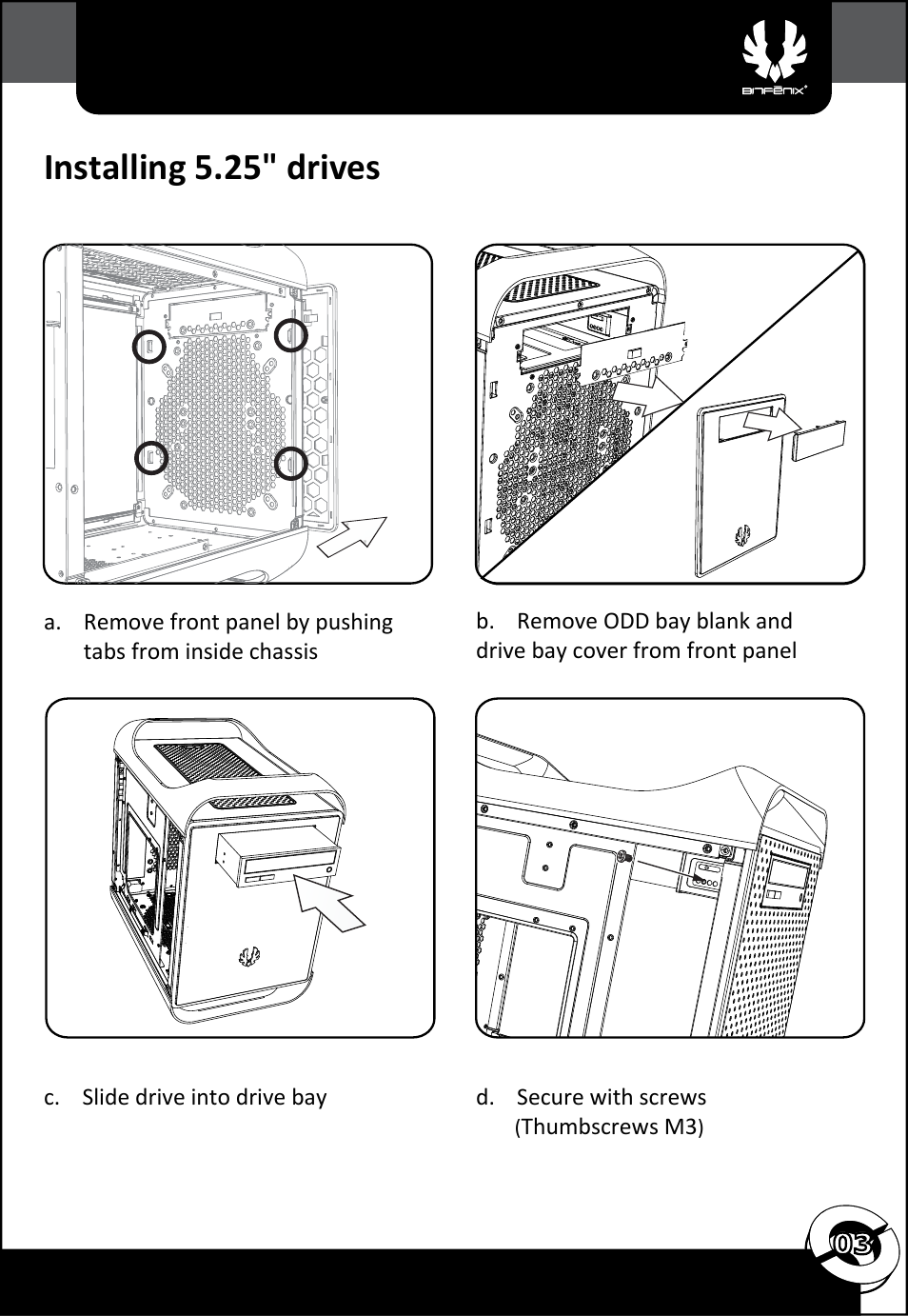 Installing 5.25" drives | BitFenix Prodigy M User Manual | Page 4 / 15