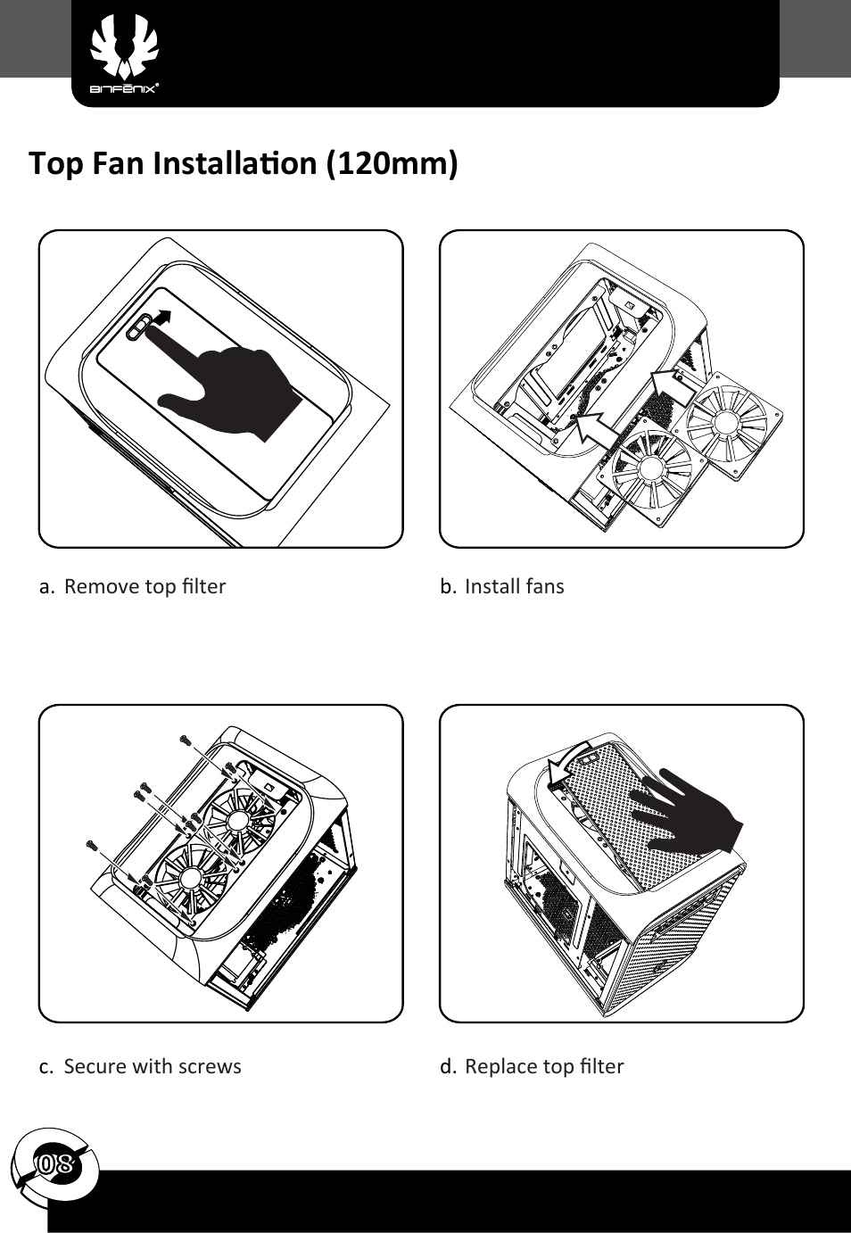 Top fan installation (120mm) | BitFenix Prodigy M User Manual | Page 9 / 15