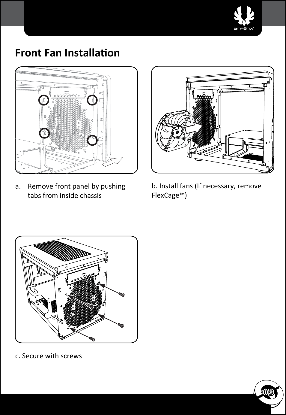 Front fan installation | BitFenix Phenom Mini-ITX User Manual | Page 10 / 18