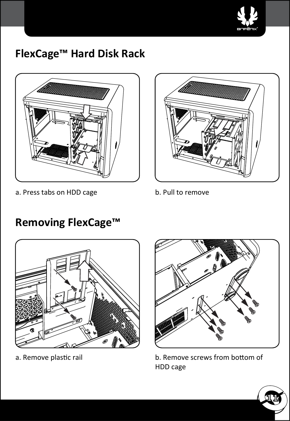 Flexcage™ hard disk rack removing flexcage | BitFenix Phenom Mini-ITX User Manual | Page 12 / 18