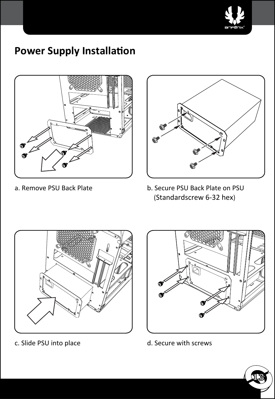 Power supply installation | BitFenix Phenom Mini-ITX User Manual | Page 14 / 18