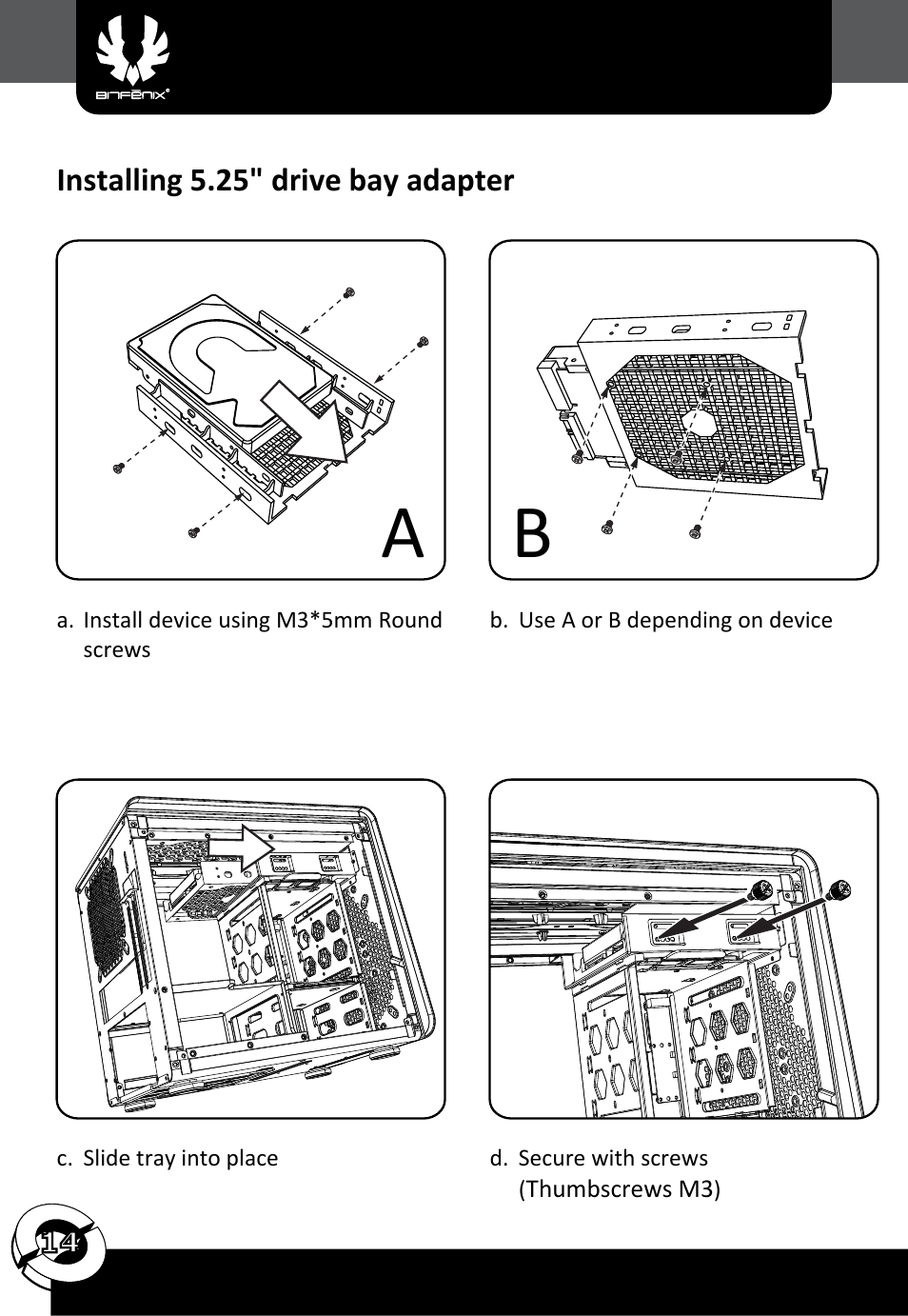 Installing 5.25" drive bay adapter | BitFenix Phenom Mini-ITX User Manual | Page 15 / 18