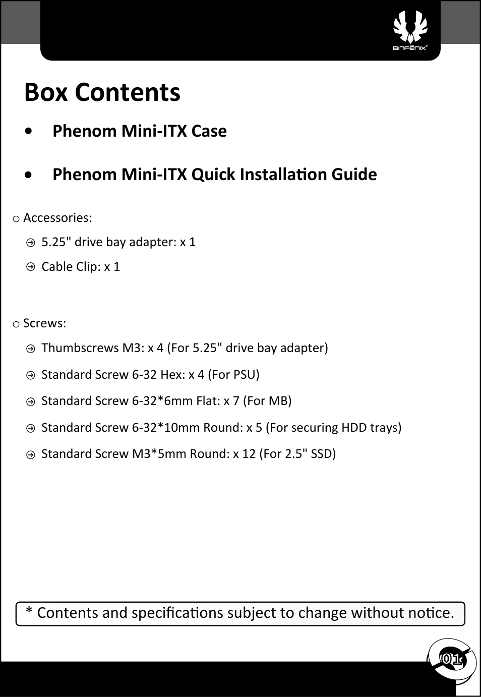 Box contents | BitFenix Phenom Mini-ITX User Manual | Page 2 / 18
