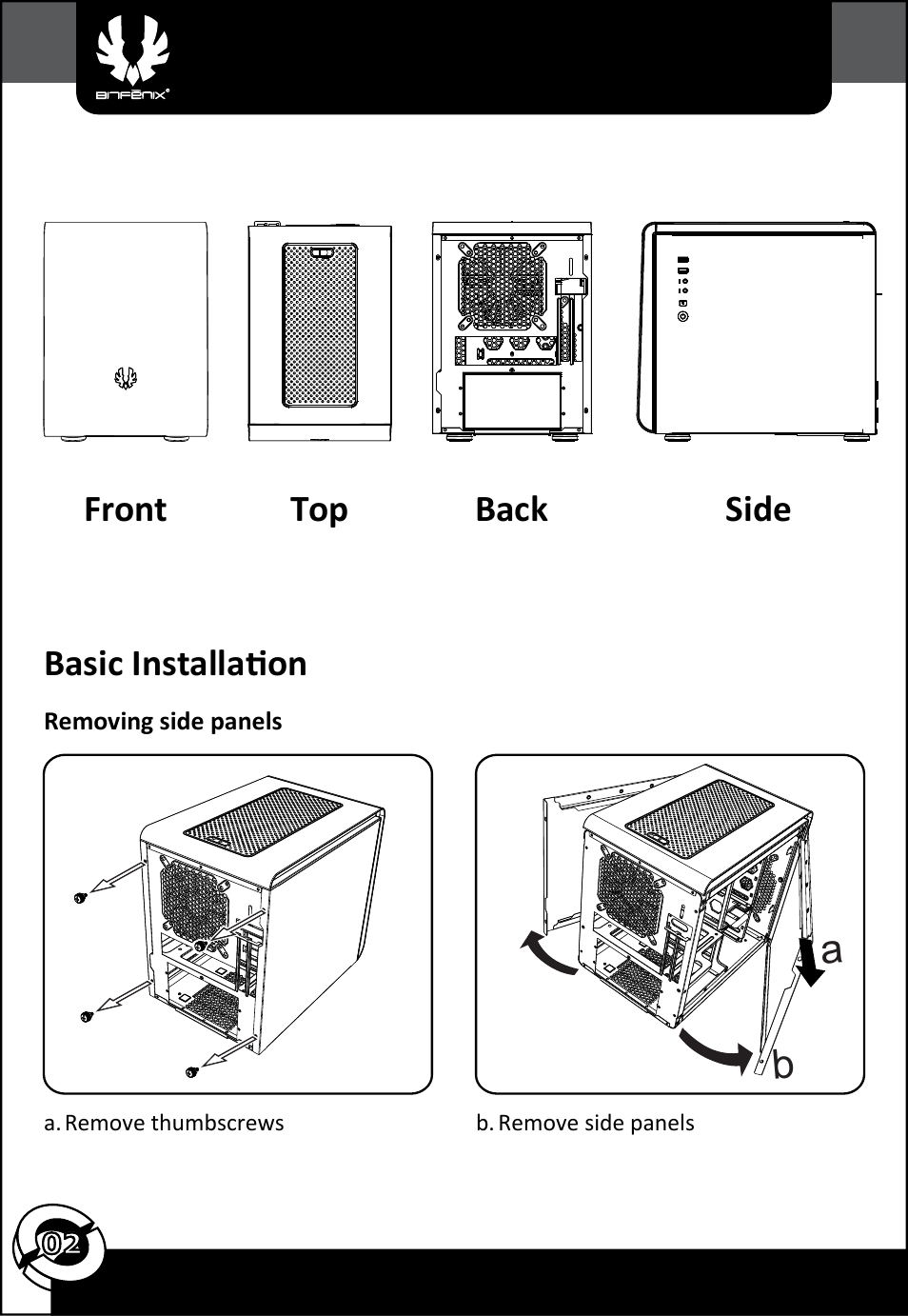Basic installation front top back side | BitFenix Phenom Mini-ITX User Manual | Page 3 / 18