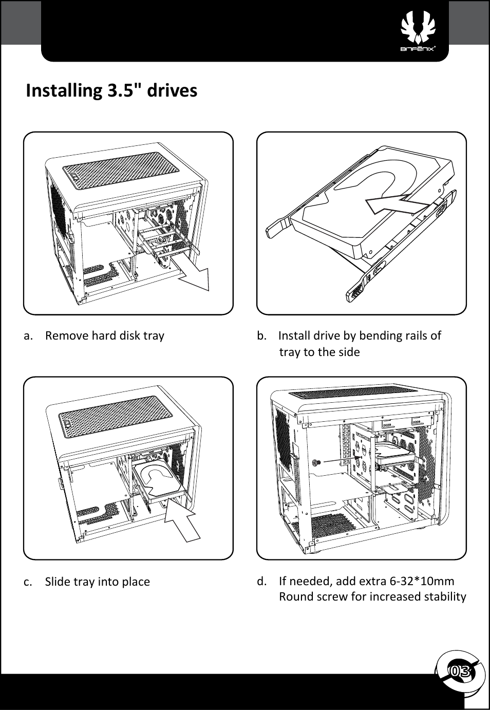 Installing 3.5" drives | BitFenix Phenom Mini-ITX User Manual | Page 4 / 18