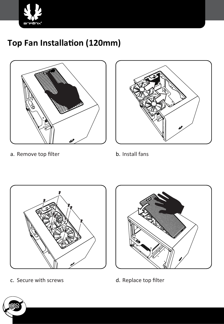 Top fan installation (120mm) | BitFenix Phenom Mini-ITX User Manual | Page 9 / 18