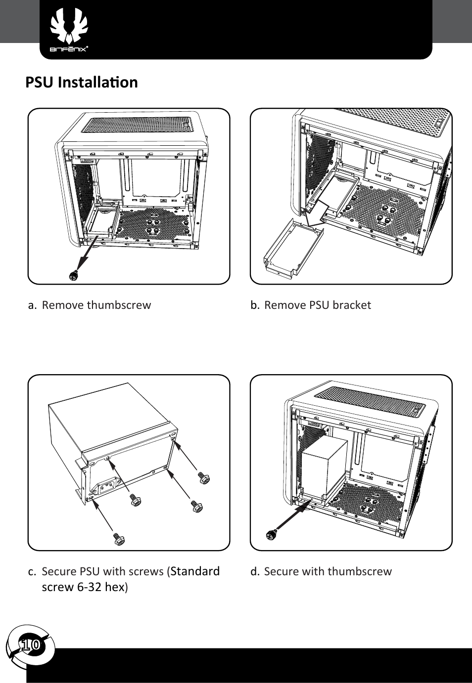 Psu installation | BitFenix Phenom Micro-ATX User Manual | Page 11 / 15