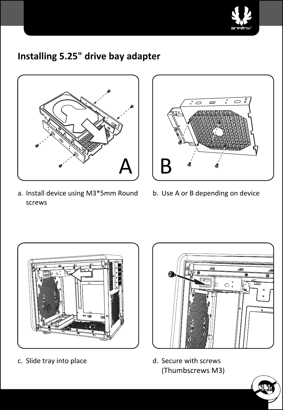 Installing 5.25" drive bay adapter | BitFenix Phenom Micro-ATX User Manual | Page 12 / 15