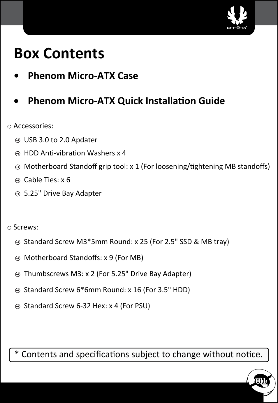 Box contents | BitFenix Phenom Micro-ATX User Manual | Page 2 / 15
