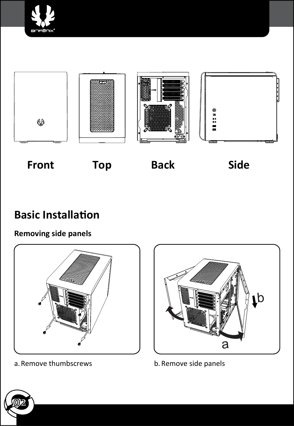 Basic installation, Front top back side | BitFenix Phenom Micro-ATX User Manual | Page 3 / 15