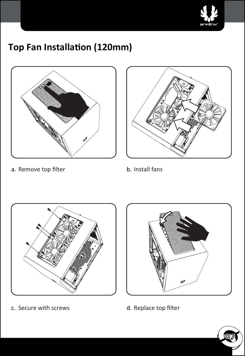Top fan installation (120mm) | BitFenix Phenom Micro-ATX User Manual | Page 8 / 15