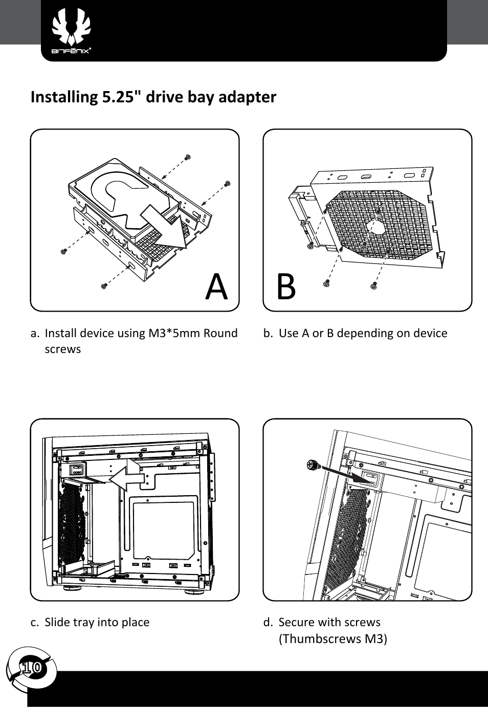 Installing 5.25" drive bay adapter | BitFenix Colossus Micro-ATX User Manual | Page 11 / 14