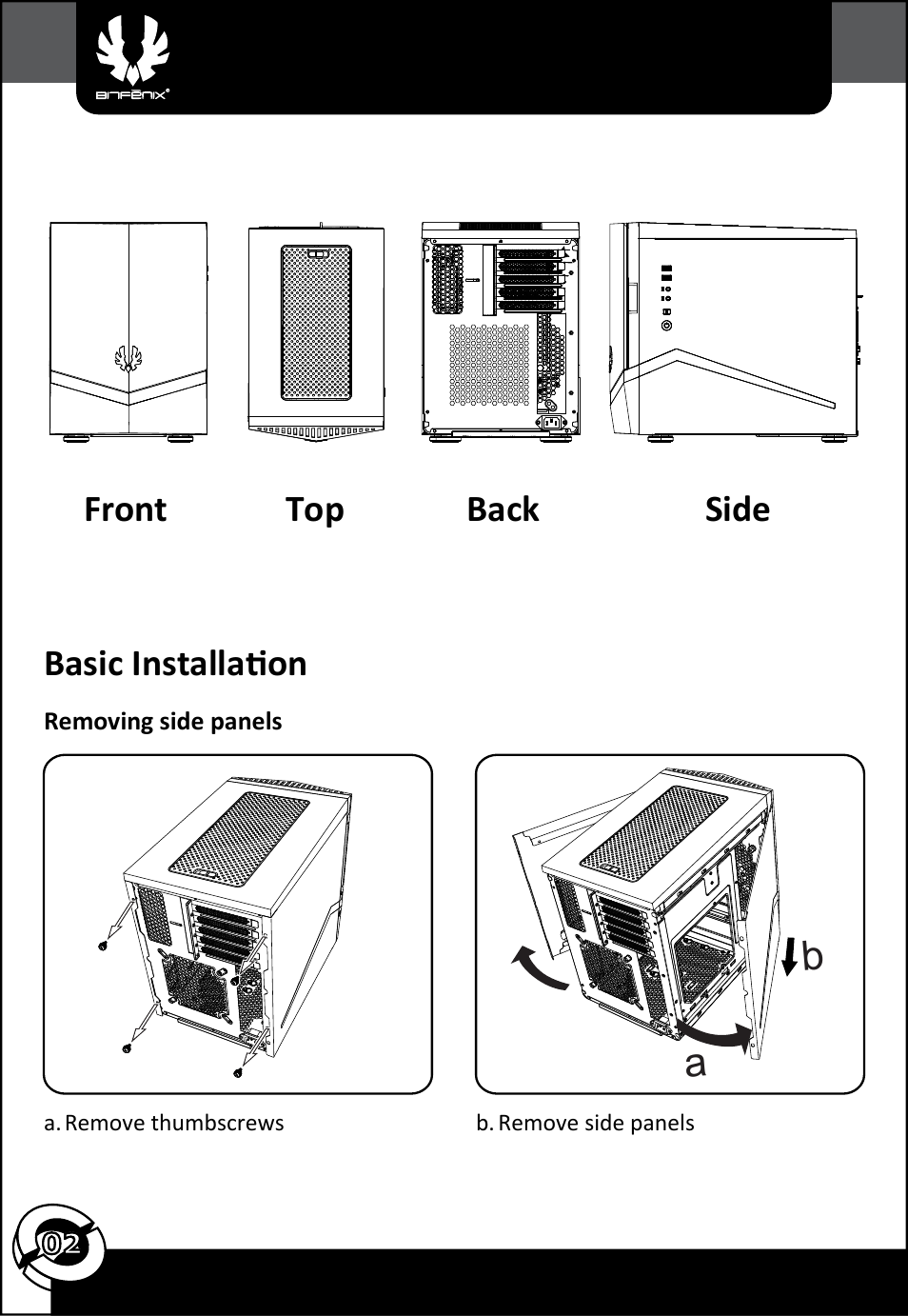 Basic installation, Front top back side | BitFenix Colossus Micro-ATX User Manual | Page 3 / 14