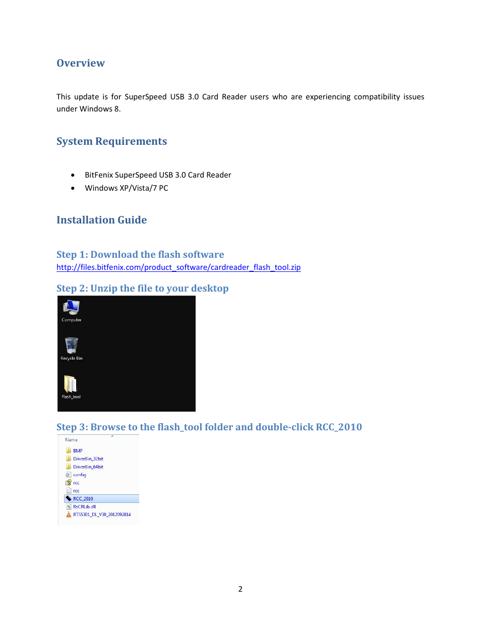 Overview, System requirements, Installation guide | Step 1: download the flash software, Step 2: unzip the file to your desktop, Overview system requirements installation guide | BitFenix SuperSpeed USB 3.0 Card Reader User Manual | Page 2 / 5